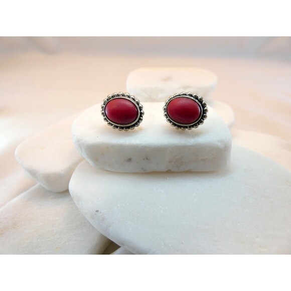 Vintage Red Coral Sterling Silver Stud Earrings Handmade Signed - Picture 4 of 4